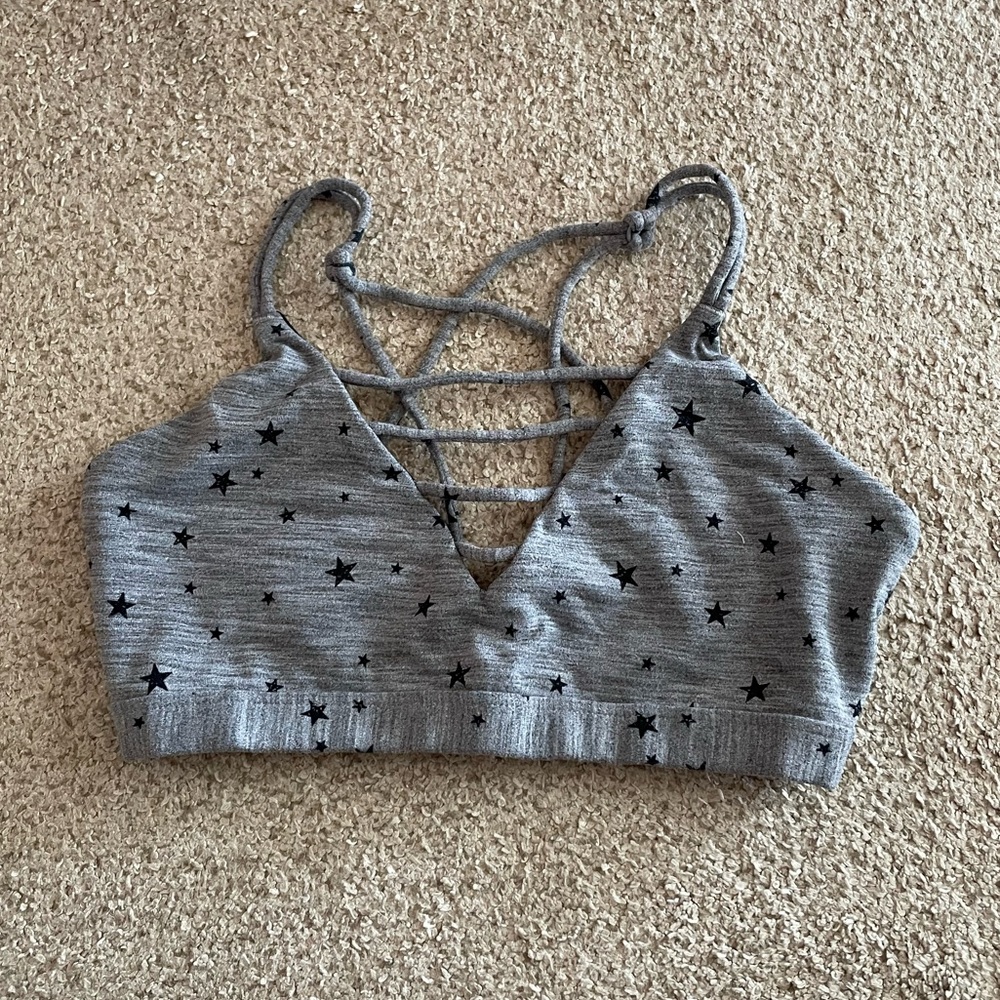 Lorna Jane gray black stars strappy caged sports bra small
